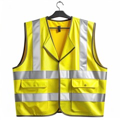Bright yellow safety vest with reflective stripes hanging on a black hanger