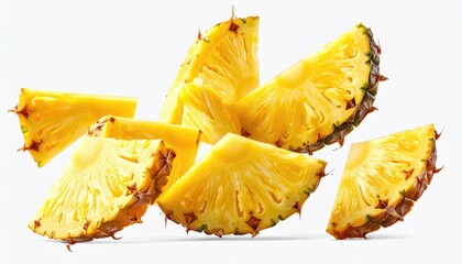 Sliced pineapple pieces, bright yellow with textured edges, isolated
