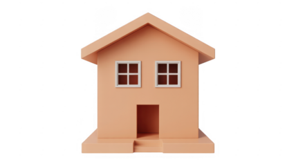 Peach house model with white window frames miniature house isolated on a transparent background
