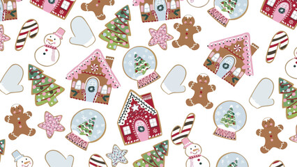 Festive Christmas Holiday Pattern with Gingerbread Houses Snowmen and Winter Snow Globes on White Background