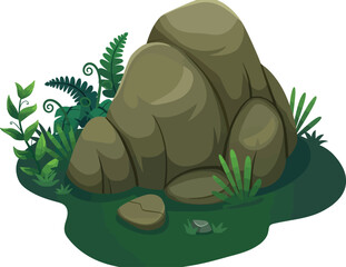 Cartoon Large Stone Boulder with Lush Green Jungle Foliage and Ferns, Isolated Nature Element for Games © Anila