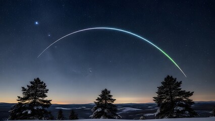 A breathtaking nighttime view of a vibrant glowing arc stretching across a starry sky above snowy trees