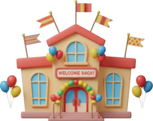 Cheerful cartoon building adorned with colorful flags balloons and a Welcome Back sign invitingly decorated with a festive archway over the entrance school education celebration happy