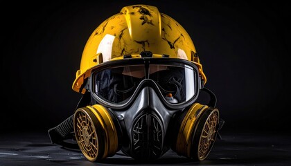 Protective gear yellow helmet, gas mask and goggles against dark background