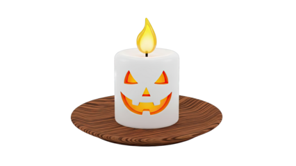 White Halloween Jack-o'-Lantern Candle with Flame on Wooden Dish