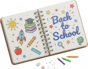 Open notebook page decorated with 'Back to School' lettering a smiling sun stack of books rocket apple pencil ruler magnifying glass and globe illustration education drawing learning