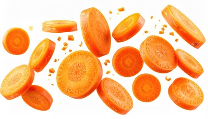 Sliced carrots suspended mid-air against a bright white background