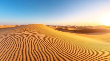 Golden sand dunes in vast desert landscape nature photography clear blue sky panoramic view