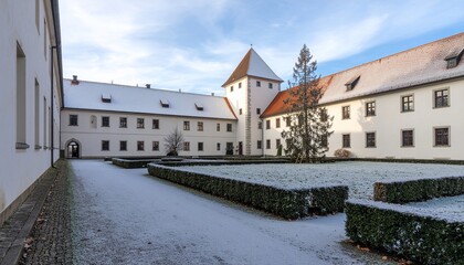Obraz premium Snowy courtyard of a historic building complex with a tower and manicured gardens under a clear sky