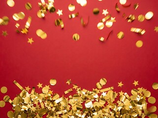 Festive Golden Confetti on Vibrant Red Background