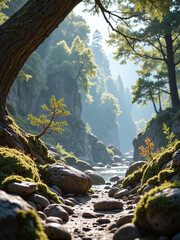 Sunlight flickering through forest leaves, gentle breeze moving branches, natural tones,In the forest&rsquo;s breath lies the rhythm of true freedom.