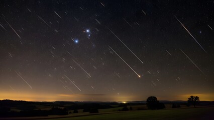 A captivating long exposure photograph showcasing a brilliant star trail display over a silhouetted landscape