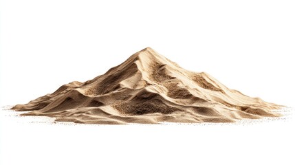 Solitary pile of fine sand with defined peaks and shadows isolated on a plain white background