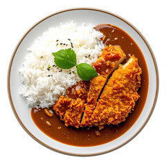 Top-down view of katsu curry rice, an aerial perspective showing the arrangement of rice, cutlet, and sauce, isolated on a white background