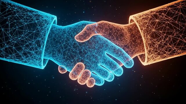 Innovative Technology Hands Shaking in Virtual Space, 4K Graphic, Futuristic Environment, Close-Up View