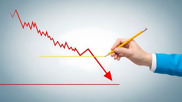 Businessman's hand drawing a dramatic downward trend line on a chart signaling significant financial loss or economic recession data analysis. - Powered by Adobe