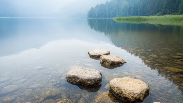 Calm Lakeshore with Submerged Stones and Misty Morning - Powered by Adobe
