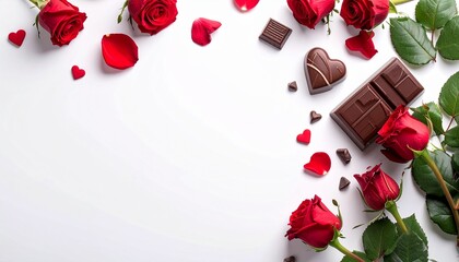 白背景で映えるチョコとバラのバレンタイン素材