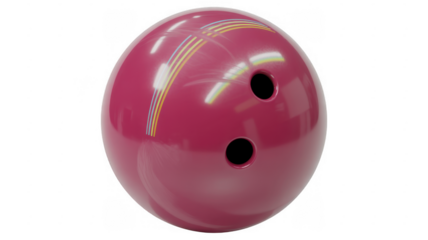 Pink bowling ball with yellow and blue stripes isolated on a transparent background