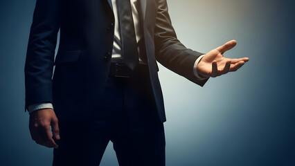 Man in dark suit extending open palm upward in gesture of offering or receiving