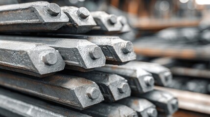 Close-up of a stack of metal rods with hex bolt heads, focusing on detail, with a shallow depth of field and blurred background