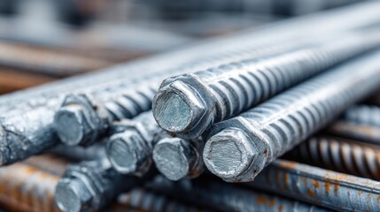 Close-up of steel rods, some with hexagonal heads, creating a textured, industrial aesthetic. The rods are metallic silver and rust-tinged