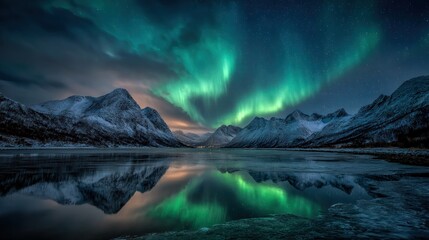 Vivid green aurora borealis dances above snow-capped mountains reflected in a tranquil, icy lake under a star-filled sky