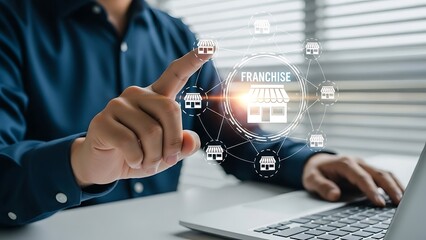 Businessman tapping into a dynamic digital franchise network, visualizing opportunities for global business expansion, strategic investment, and entrepreneurial growth through advanced technology