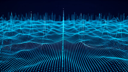 Glowing blue digital particles form a dynamic wave pattern against a dark background
