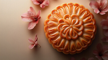 Mooncake and pink flowers on light background with space for text, created with Generative AI technology
