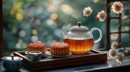 Mooncakes, tea set on wooden windowsill with space for text, created with Generative AI technology