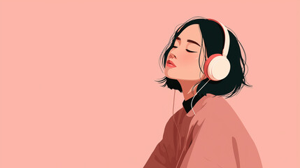 ヘッドフォンで音楽を聞く女性をYouTube動画サムネイル用にアニメスタイルで描いたAI生成画