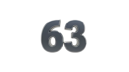 3D Metallic Number 63 on Transparent Background