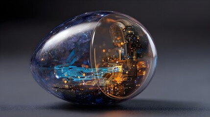 Futuristic Glass Easter Egg with Internal Microchip Hardware and Glowing Blue Circuitry