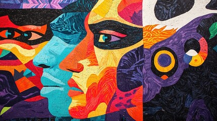 Indigenous people preserving culture through art community center colorful mural urban environment close-up perspective