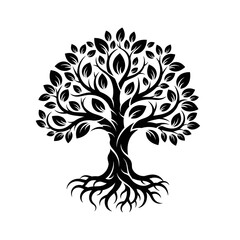 Obraz premium Black and white illustration of a tree with roots and leaves.
