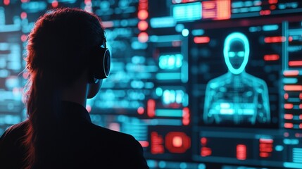 People engaging with ai holographic assistants in a futuristic tech environment digital interaction and innovation