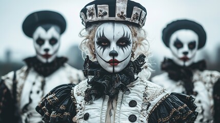 Creepy clowns in elaborate costumes at a mysterious festival outdoor setting artistic display eerie atmosphere