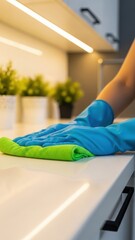 Woman in blue glove cleaning kitchen counter with green rag. Home hygiene concept for spring cleaning.