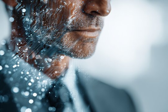 Executive portrait with abstract circuit board patterns 