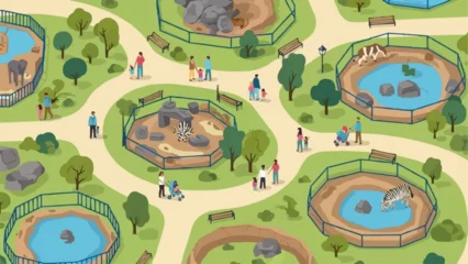 Fototapete Rund Zoo Zoo animals in enclosures with visitors walking around the park.  © Ajik