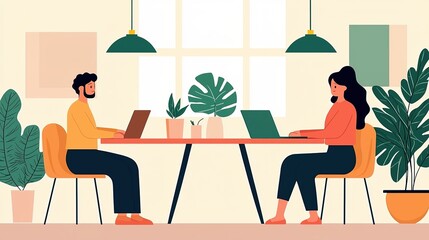 Supportive neurodiverse individuals collaborating in a bright workspace modern office digital illustration