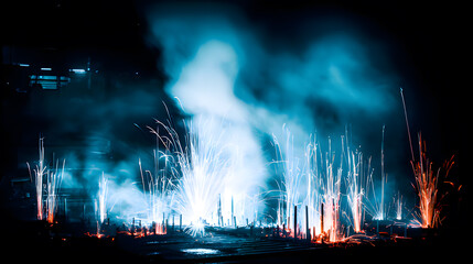 anvil. Sparks fly in a dynamic industrial scene, highlighting the intensity of metalwork in motion. safety posters, maintenance manuals, designed for industrial assembly lines and welding operations.