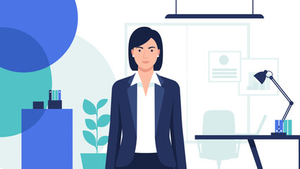 Women's Day Female Entrepreneur in Office &mdash; Flat Vector Illustration with Blue and Teal Professional Palette