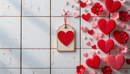 Valentine's day gift tag with red hearts and flowers on white wooden background for love with card