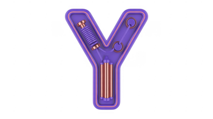 Purple 3D letter Y with copper mechanical components isolated on a transparent background