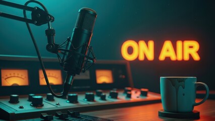 Studio microphone with on air light and audio mixer. Radio broadcast and podcasting equipment for live recording and music production.