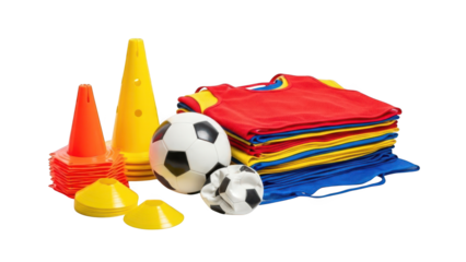 A collection of soccer training equipment including cones, jerseys, and balls on transparent background