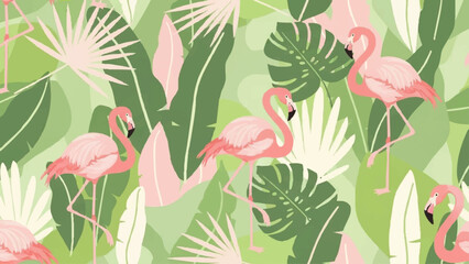 Fototapeta premium Pink Flamingos Standing Among Tropical Leaves.