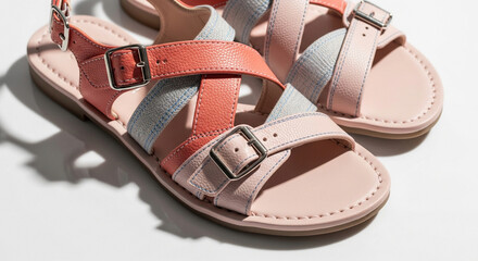 Ultra-detailed close-up of women&rsquo;s sandals on a seamless white backdrop, elegant combination of warm and cool colors